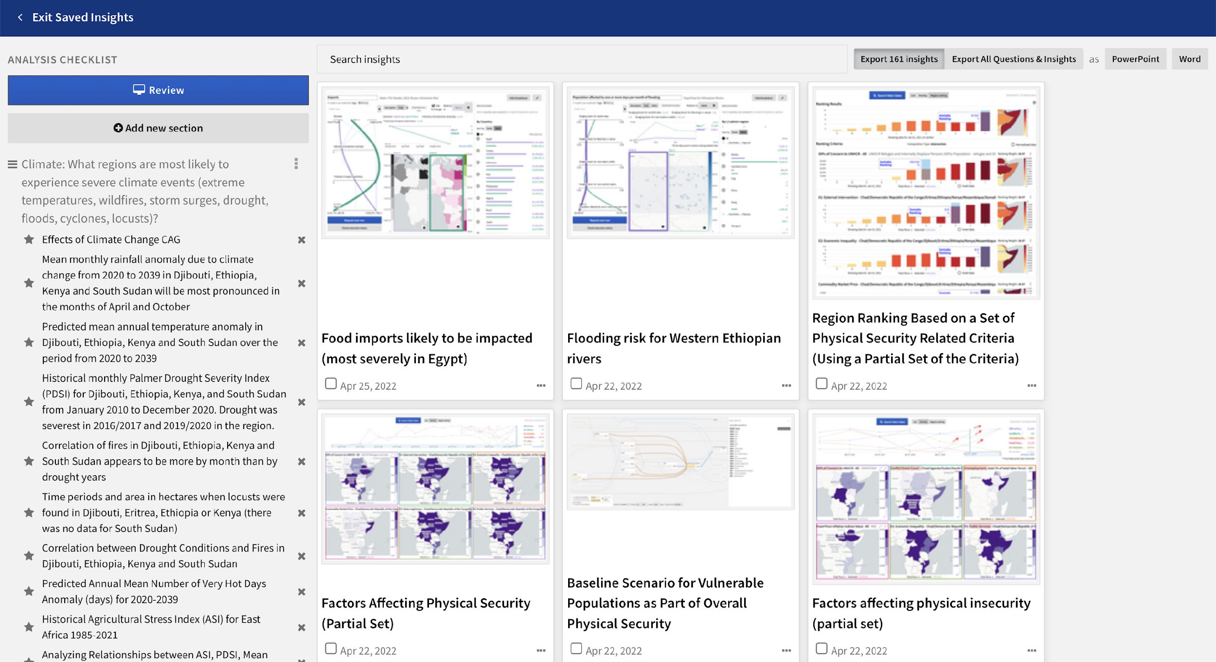 Saved insights in the Causemos HMI help analysts record their findings and quickly restore previous analyses.